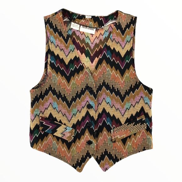 Vintage Jackets & Blazers - 70s Vintage Chevron Multicolor Vest Sleeveless Top size Small Faux Pockets